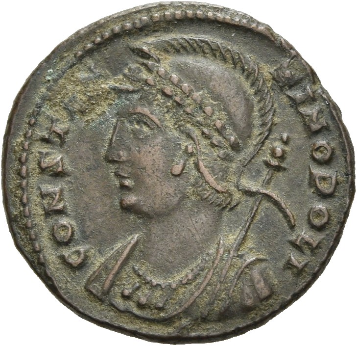 RIC VII Heraclea 120 Constantine I obverse, Bust of Constantinopolis, laureate, helmeted, wearing imperial cloak, left, ho...
