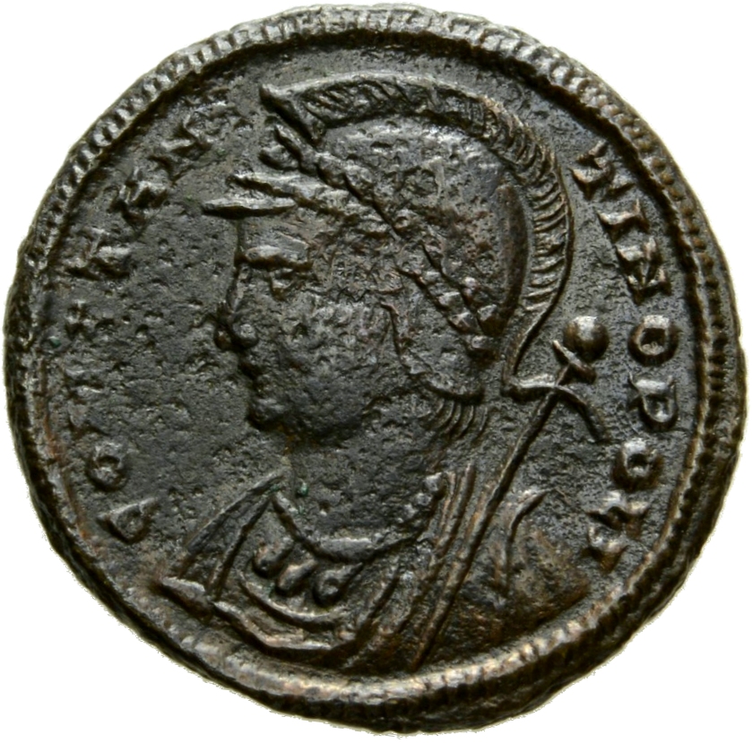 Constantine I obverse — Bust of Constantinopolis, laureate, helmeted, wearing imperial cloak, left, holding reversed spear in right hand