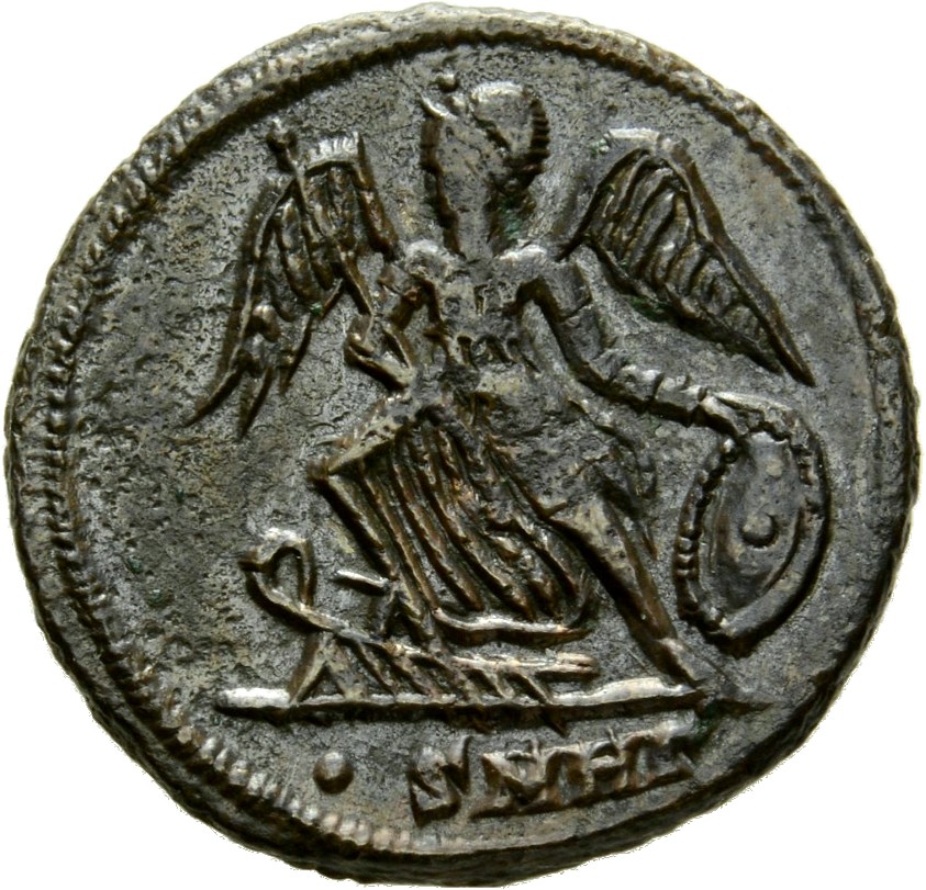 Constantine I reverse — Victory, winged, draped, standing left on prow, holding spear in right hand and shield in left hand