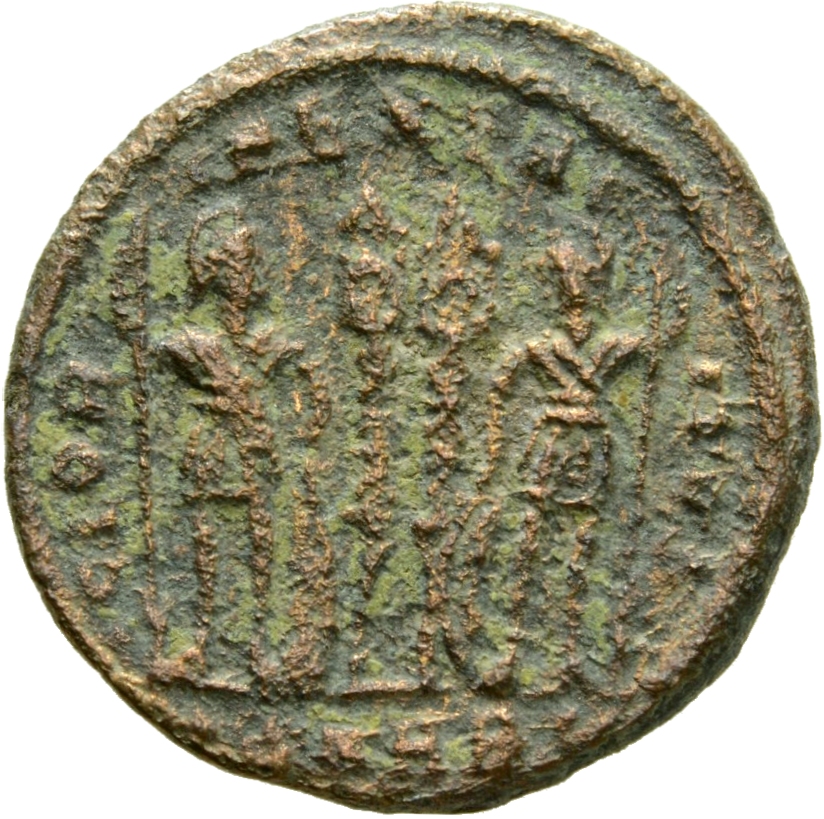RIC VII Heraclea 121 Constantine I reverse, Two soldiers, helmeted, draped, cuirassed, standing facing each other, each ho...