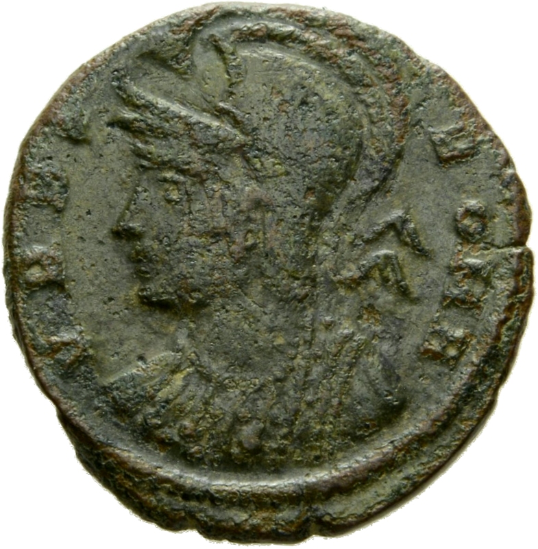 Constantine I obverse — Bust of Roma, helmeted, wearing imperial cloak, left