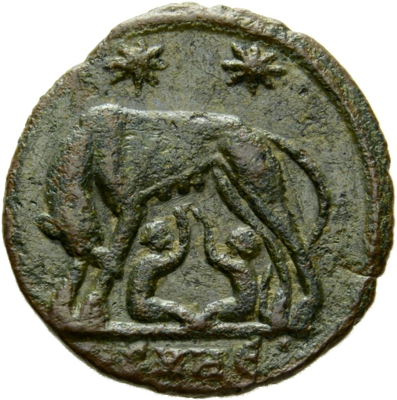 Constantine I reverse — She-wolf, standing left, suckling twins; above, two stars