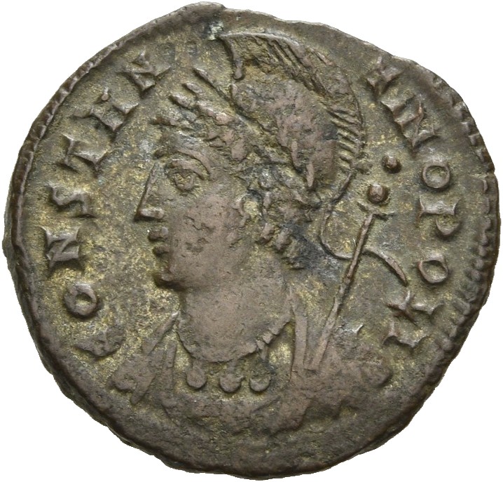 RIC VII Heraclea 125 Constantine I obverse, Bust of Constantinopolis, laureate, helmeted, wearing imperial cloak, left, ho...