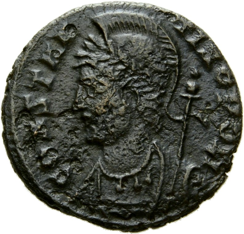 Constantine I obverse — Bust of Constantinopolis, laureate, helmeted, wearing imperial cloak, left, holding reversed spear in right hand