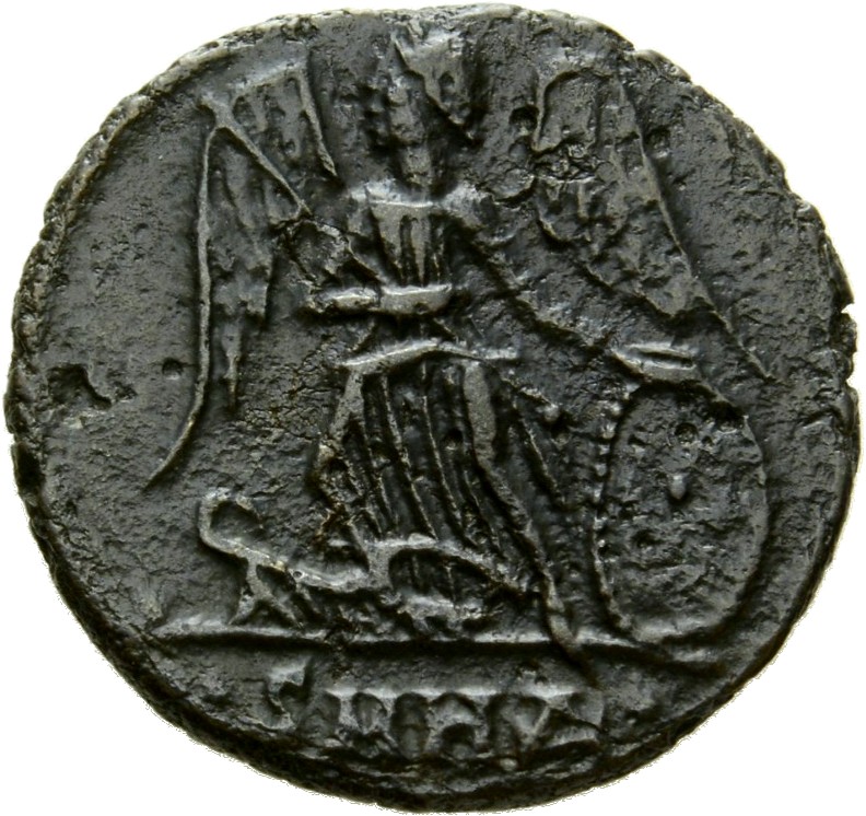 Constantine I reverse — Victory, winged, draped, standing left on prow, holding spear in right hand and shield in left hand
