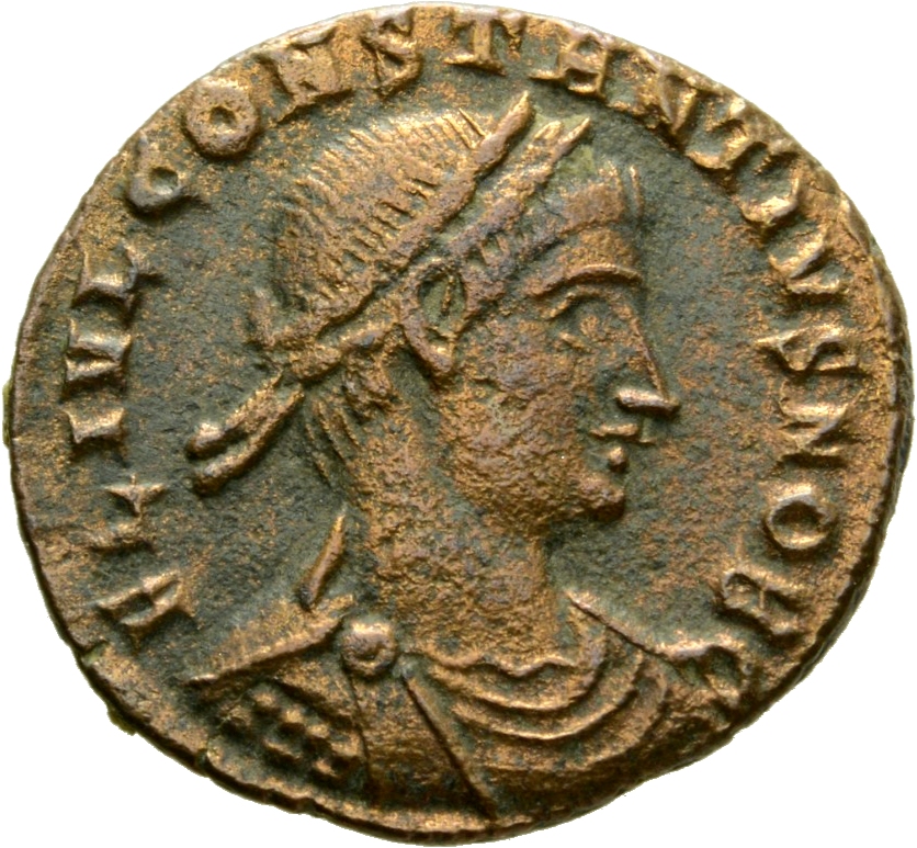 Constantine I obverse — Bust of Constantius II, laureate, draped, cuirassed, right