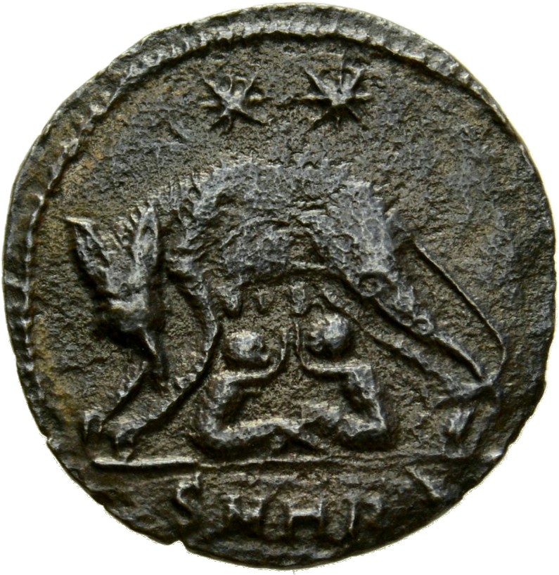 RIC VII Heraclea 143 Constantine I reverse, She-wolf, standing left, suckling twins; above, two stars