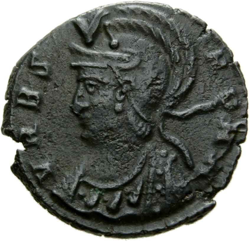 Constantine I obverse — Bust of Roma, helmeted, wearing imperial cloak, left