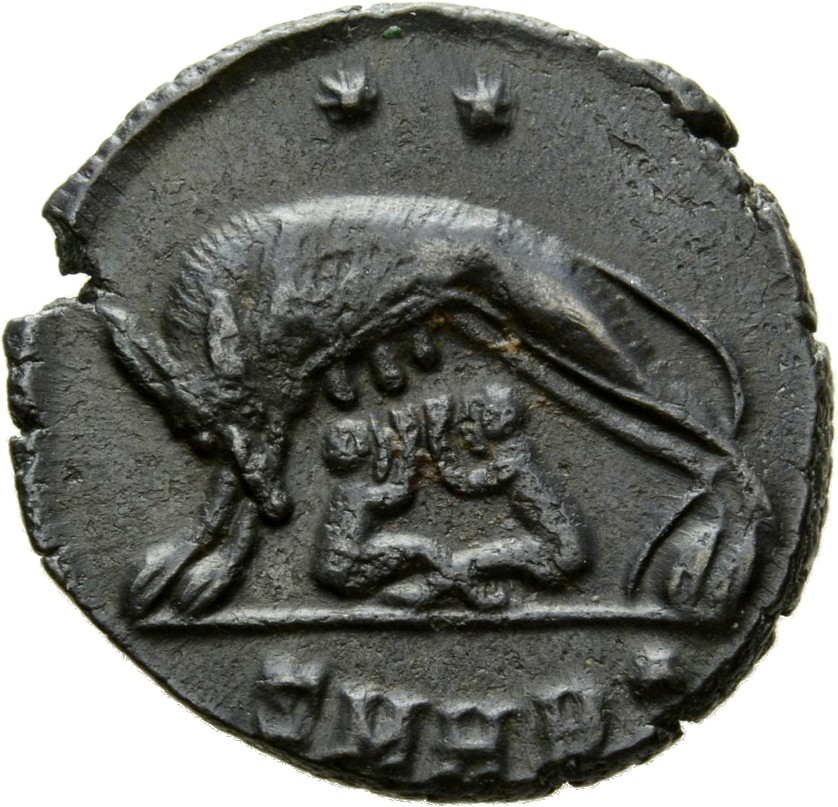 Constantine I reverse — She-wolf, standing left, suckling twins; above, two stars