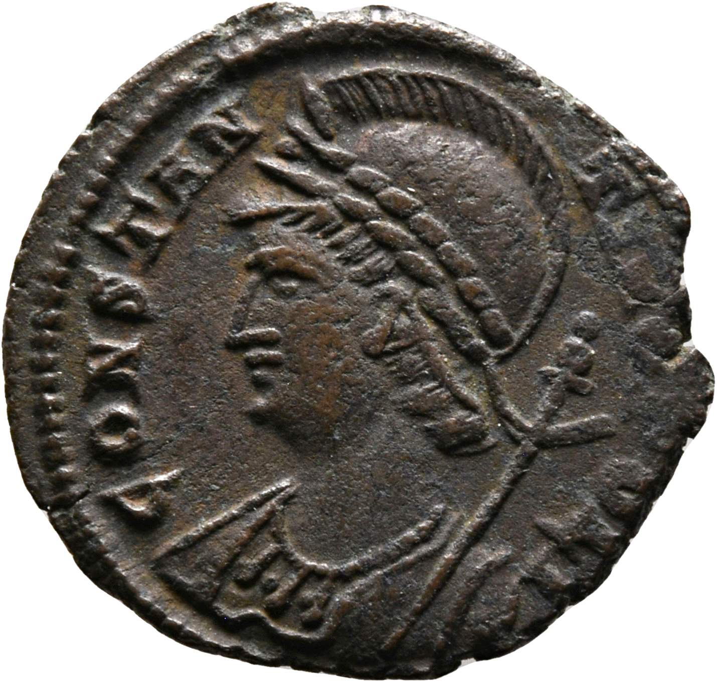RIC VII Heraclea 144 Constantine I obverse, Bust of Constantinopolis, laureate, helmeted, wearing imperial cloak, left, ho...