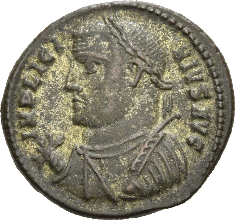 RIC VII Heraclea 15 Licinius obverse, Bust of Licinius, laureate, draped, left, holding sceptre in right hand and mappa in...
