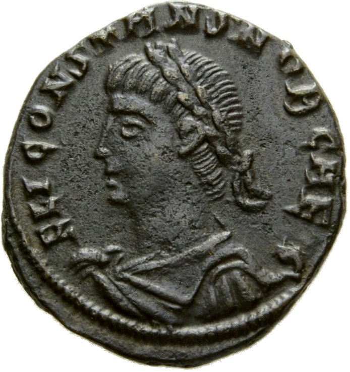 Constantine I obverse — Bust of Constans, laureate, draped, cuirassed, left