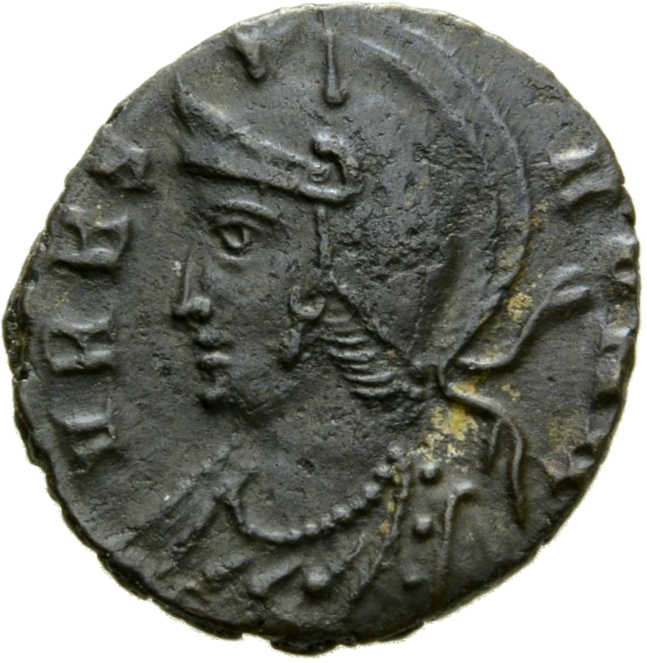 Constantine I obverse — Bust of Roma, helmeted, wearing imperial cloak, left