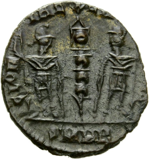 Constantine I reverse — Two soldiers, helmeted, draped, cuirassed, standing facing each other, each holding spear in outer hand and resting inner hand on shield; between them, a standard