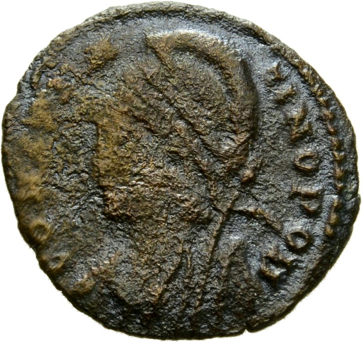 Constantine I obverse — Bust of Constantinopolis, laureate, helmeted, wearing imperial cloak, left, holding reversed spear in right hand