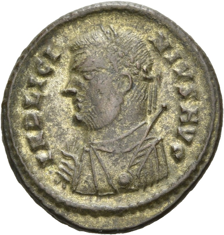RIC VII Heraclea 17 Licinius obverse, Bust of Licinius, laureate, draped, left, holding sceptre in right hand and mappa in...