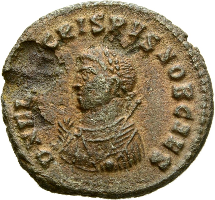 RIC VII Heraclea 18 Licinius obverse, Bust of Crispus, laureate, draped, left, holding sceptre in right hand and mappa in ...