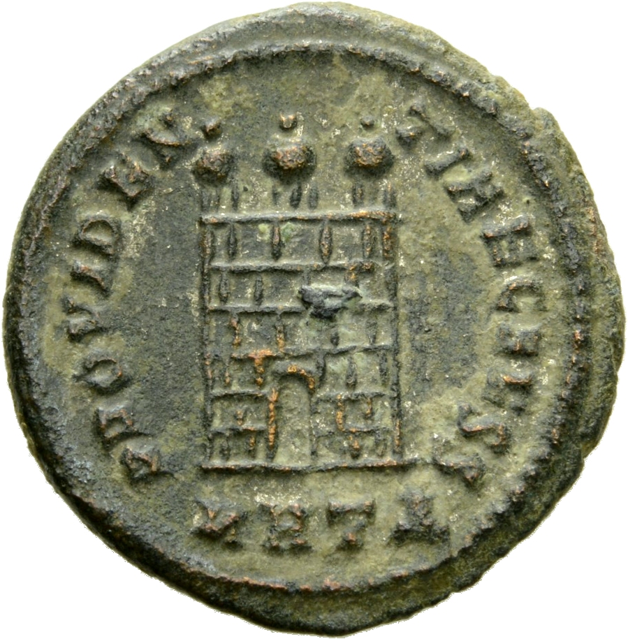 RIC VII Heraclea 19 Licinius reverse, Camp gate with three turrets, without doors, with varying number of stone layers