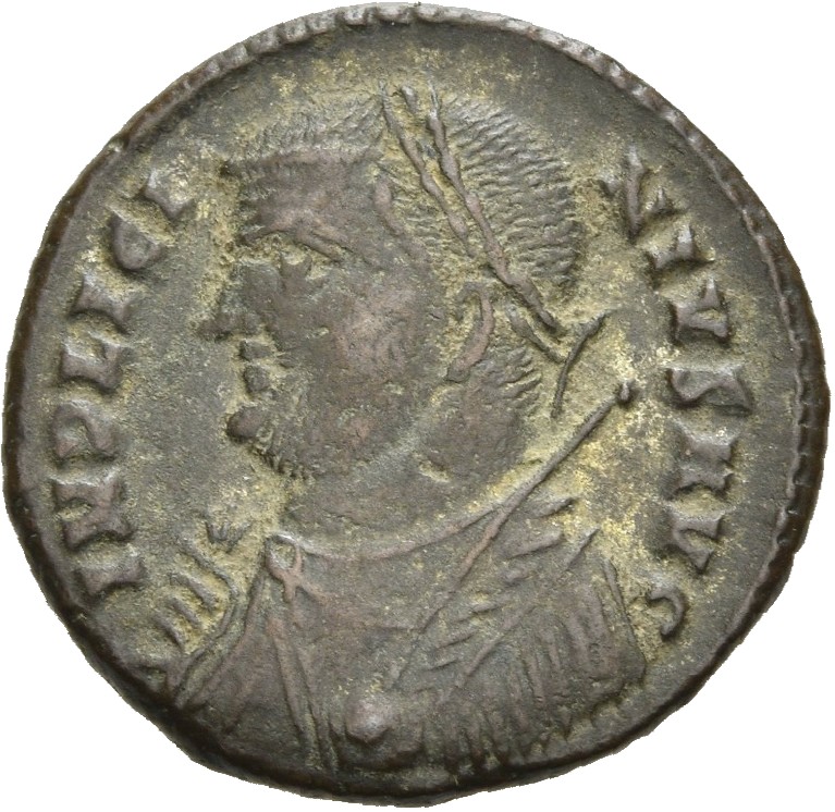 RIC VII Heraclea 29 Licinius obverse, Bust of Licinius, laureate, draped, left, holding sceptre in right hand and mappa in...