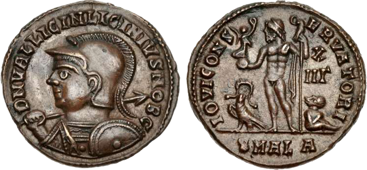 RIC VII Heraclea 30 Licinius obverse, Bust of Crispus, laureate, draped, left, holding sceptre in right hand and mappa in ...