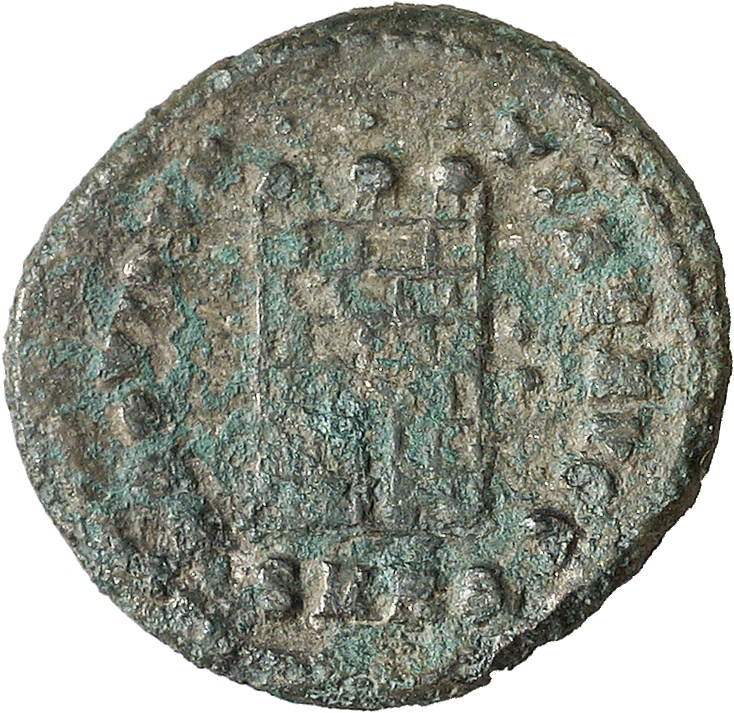 RIC VII Heraclea 34 Licinius reverse, Camp gate with three turrets, without doors, five to seven stone layers