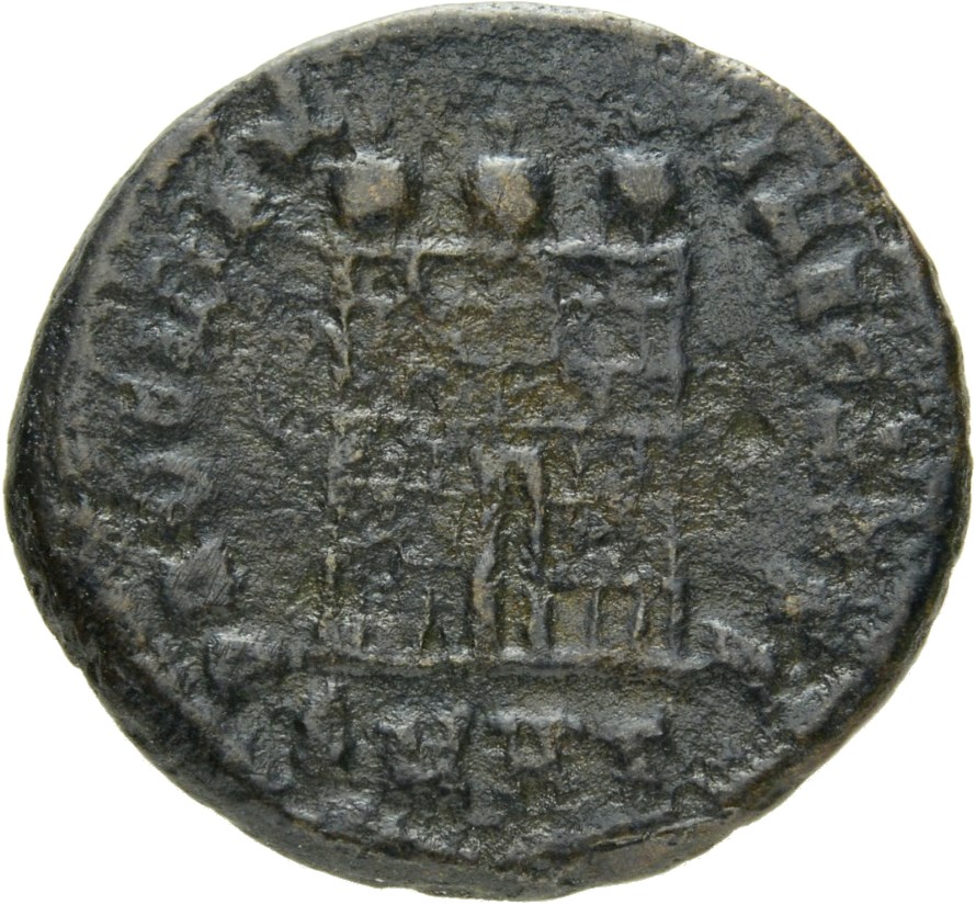 RIC VII Heraclea 40 Licinius reverse, Camp gate with three turrets, without doors, five to seven stone layers
