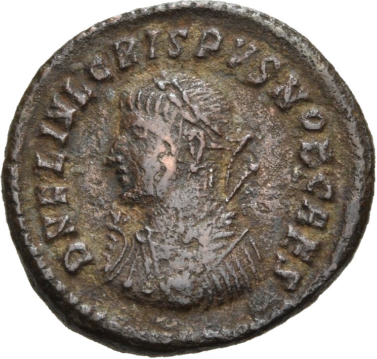 RIC VII Heraclea 40 Licinius obverse, Bust of Crispus, laureate, draped, left, holding sceptre in right hand and mappa in ...