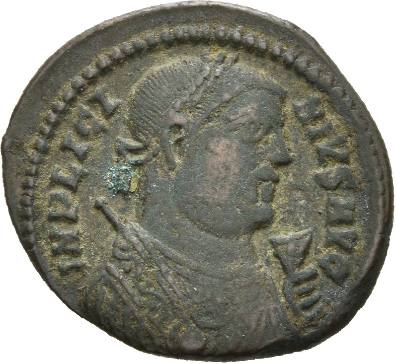 RIC VII Heraclea 48 Licinius obverse, Bust of Licinius, laureate, draped, left, holding sceptre in right hand and mappa in...