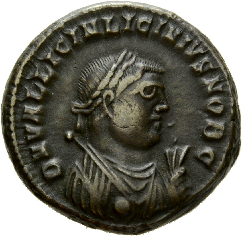 RIC VII Heraclea 49 Licinius obverse, Bust of Licinius II, laureate, draped, right, holding sceptre in right hand and mapp...