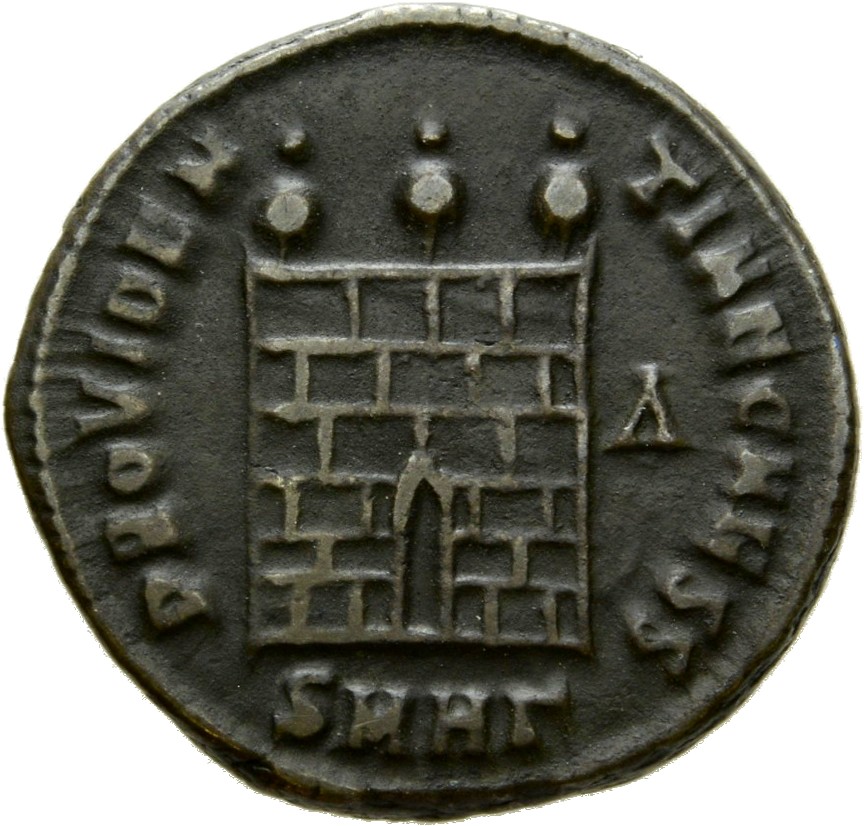 RIC VII Heraclea 49 Licinius reverse, Camp gate with three turrets, without doors, five to seven stone layers