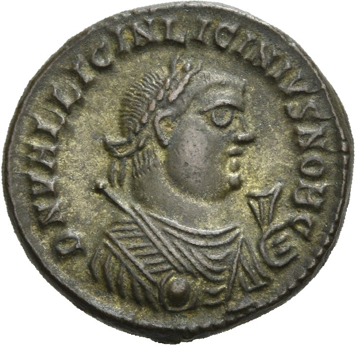 RIC VII Heraclea 49 Licinius obverse, Bust of Licinius II, laureate, draped, right, holding sceptre in right hand and mapp...