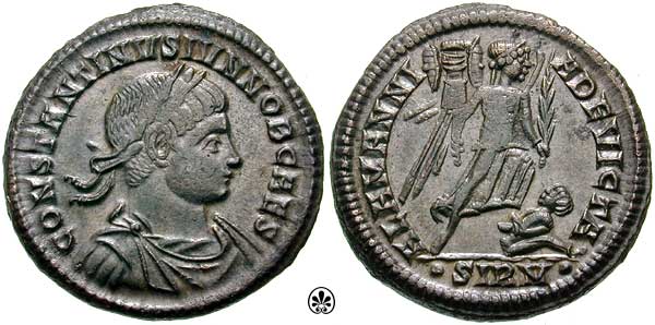 RIC VII Heraclea 50 Licinius obverse, Bust of Licinius and Licinius II, laureate, draped, facing one another, together hol...