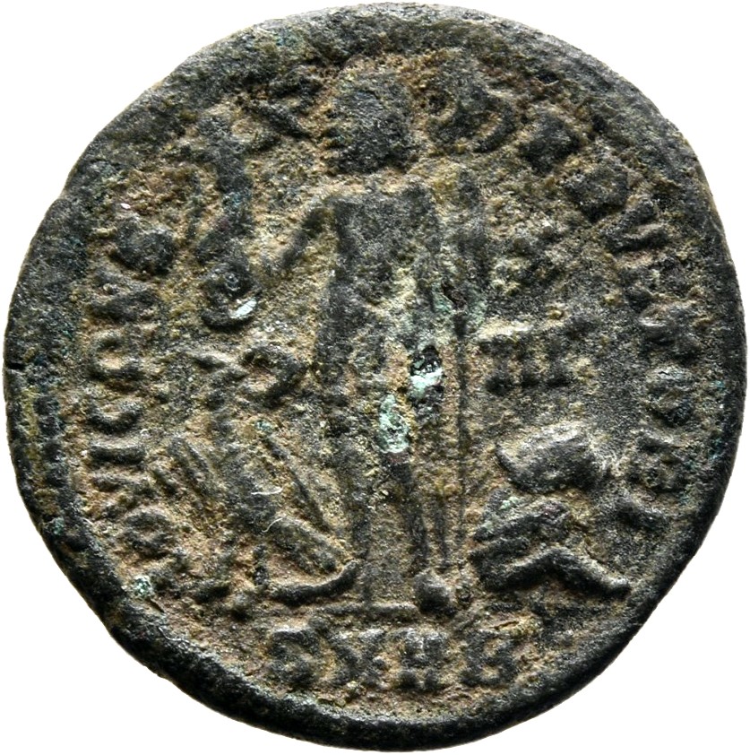 RIC VII Heraclea 51 Licinius reverse, Jupiter, nude, chlamys draped across left shoulder, standing left, holding Victory o...