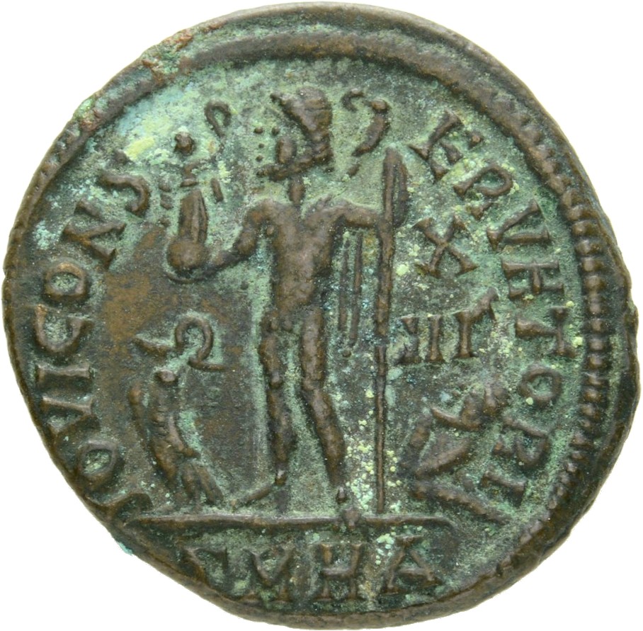 RIC VII Heraclea 52 Licinius reverse, Jupiter, nude, chlamys draped across left shoulder, standing left, holding Victory o...