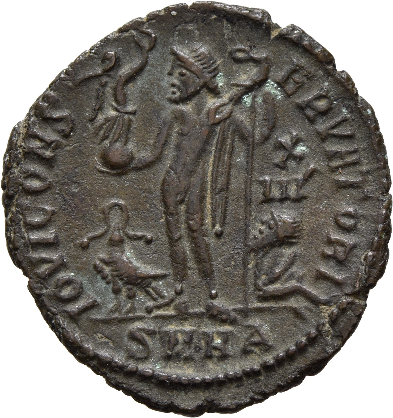 RIC VII Heraclea 52 Licinius reverse, Jupiter, nude, chlamys draped across left shoulder, standing left, holding Victory o...