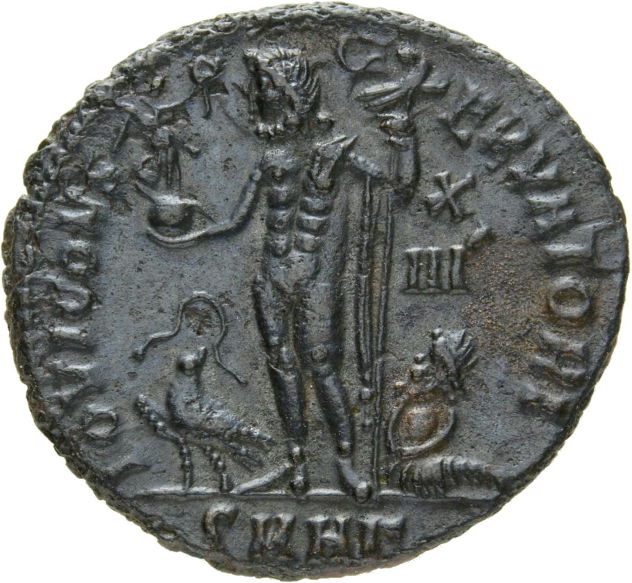 RIC VII Heraclea 53 Licinius reverse, Jupiter, nude, chlamys draped across left shoulder, standing left, holding Victory o...