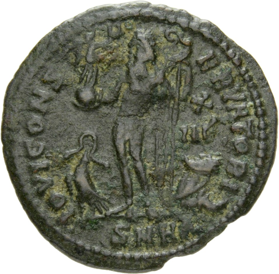 RIC VII Heraclea 54 Licinius reverse, Jupiter, nude, chlamys draped across left shoulder, standing left, holding Victory o...