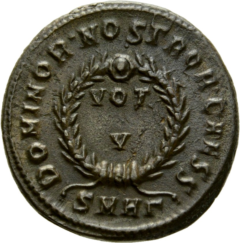 RIC VII Heraclea 59 Constantine I reverse, VOT/V within a laurel wreath