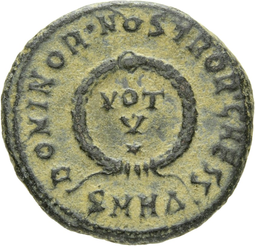 RIC VII Heraclea 63 Constantine I reverse, VOT/V within a laurel wreath
