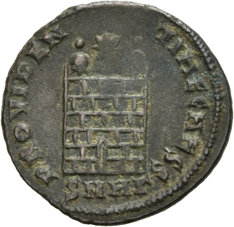 RIC VII Heraclea 75 Constantine I reverse, Camp gate with two turrets, without doors, varying number of stone layers; star...