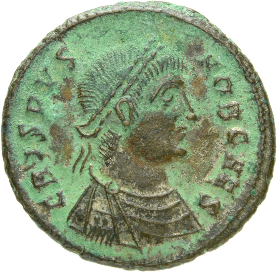 Constantine I obverse — Bust of Crispus, laureate, draped, cuirassed, right