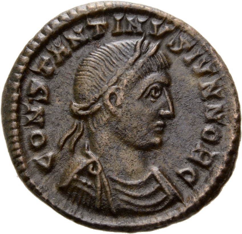 RIC VII Heraclea 77 Constantine I obverse, Bust of Constantine II, laureate, draped, cuirassed, right