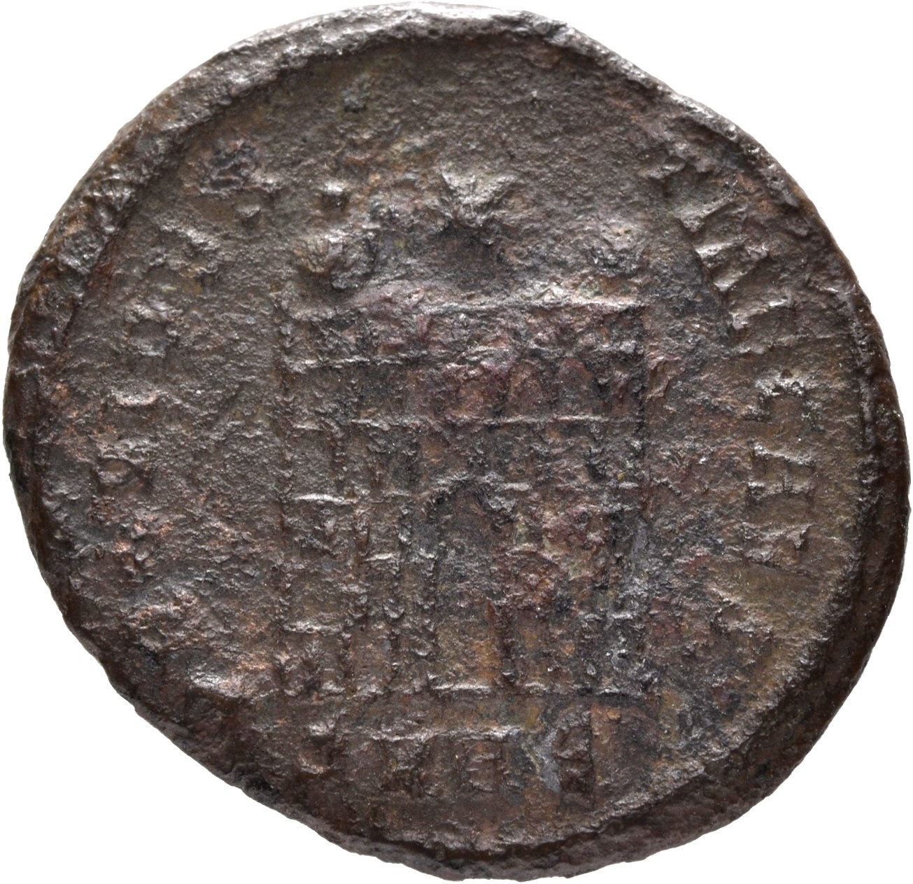 Constantine I reverse — Camp gate with two turrets, without doors, varying number of stone layers; star above