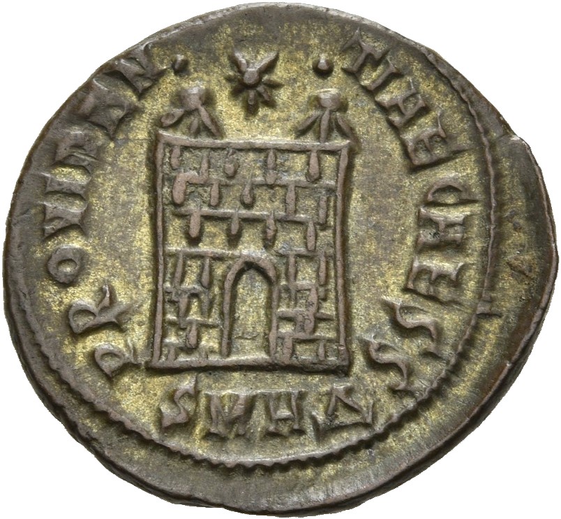 RIC VII Heraclea 78 Constantine I reverse, Camp gate with two turrets, without doors, varying number of stone layers; star...