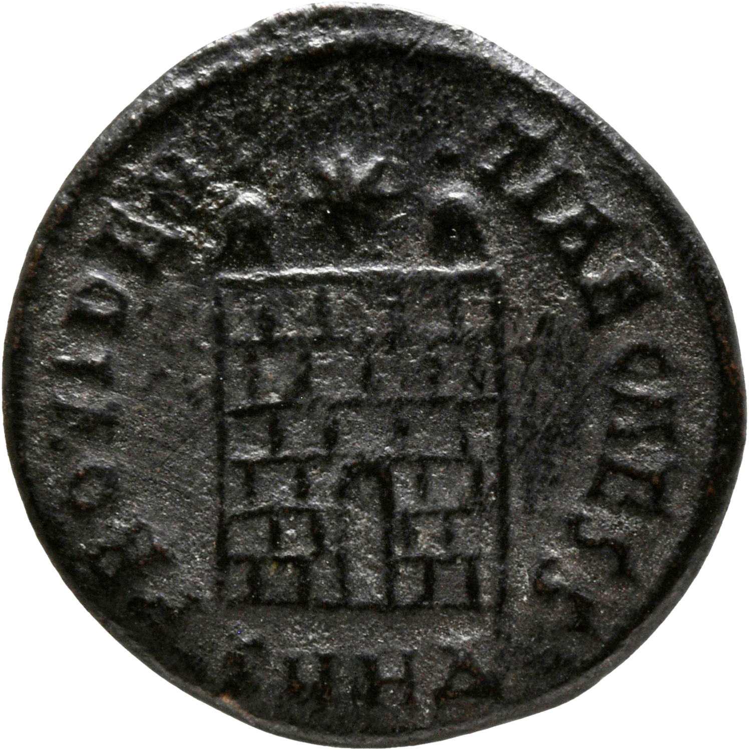 RIC VII Heraclea 78 Constantine I reverse, Camp gate with two turrets, without doors, varying number of stone layers; star...