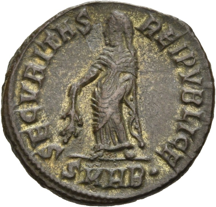 RIC VII Heraclea 85 Constantine I reverse, SECURITAS, draped, standing left, raising robe with right hand and lowering bra...