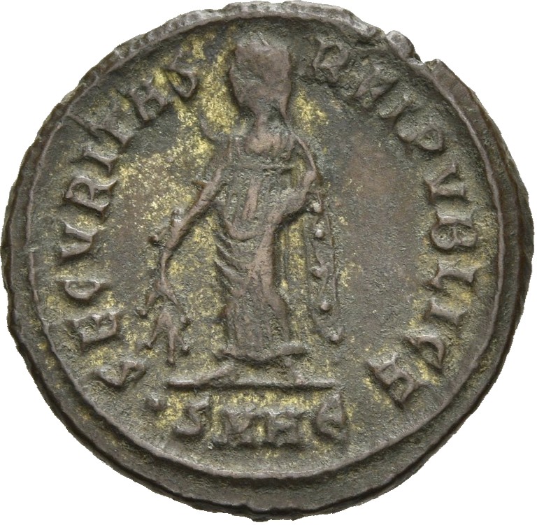 RIC VII Heraclea 95 Constantine I reverse, SECURITAS, draped, standing left, raising robe with right hand and lowering bra...