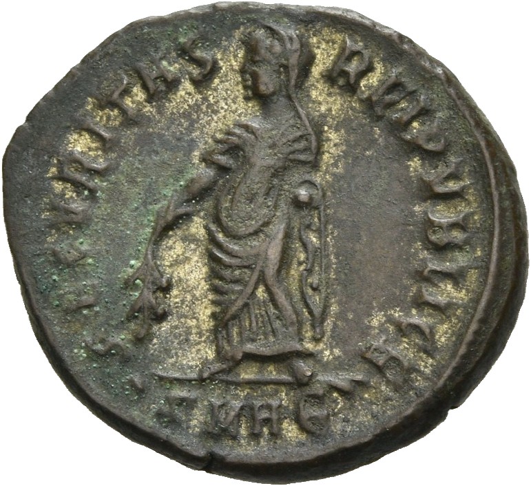 RIC VII Heraclea 95 Constantine I reverse, SECURITAS, draped, standing left, raising robe with right hand and lowering bra...