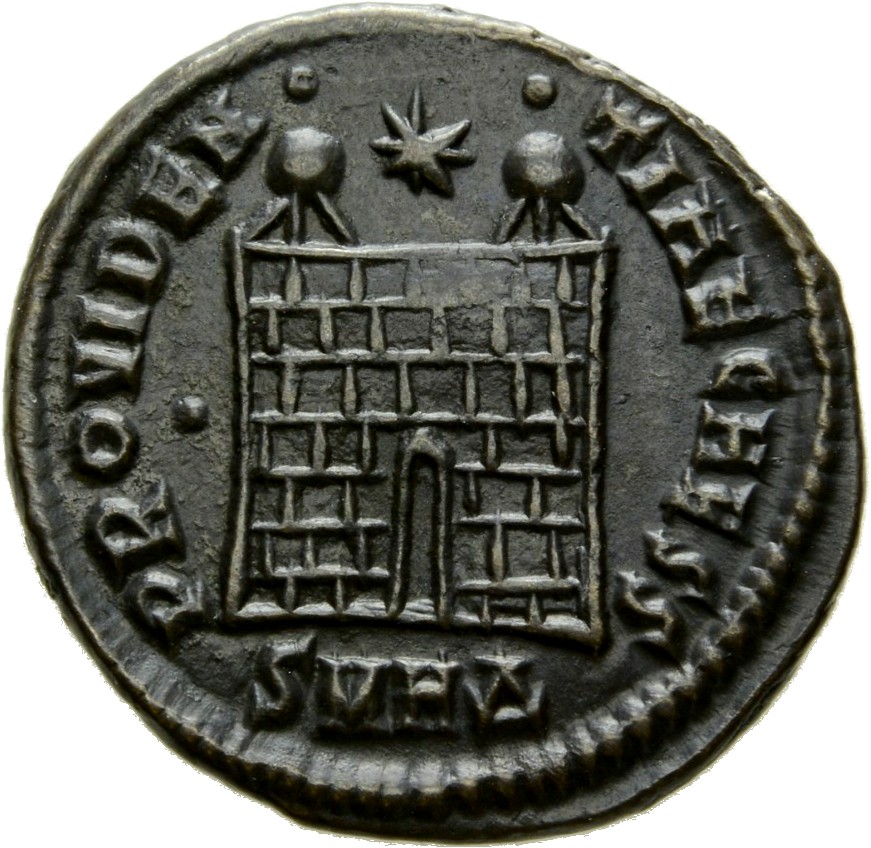 RIC VII Heraclea 96 Constantine I reverse, Camp gate with two turrets, without doors, varying number of stone layers; star...
