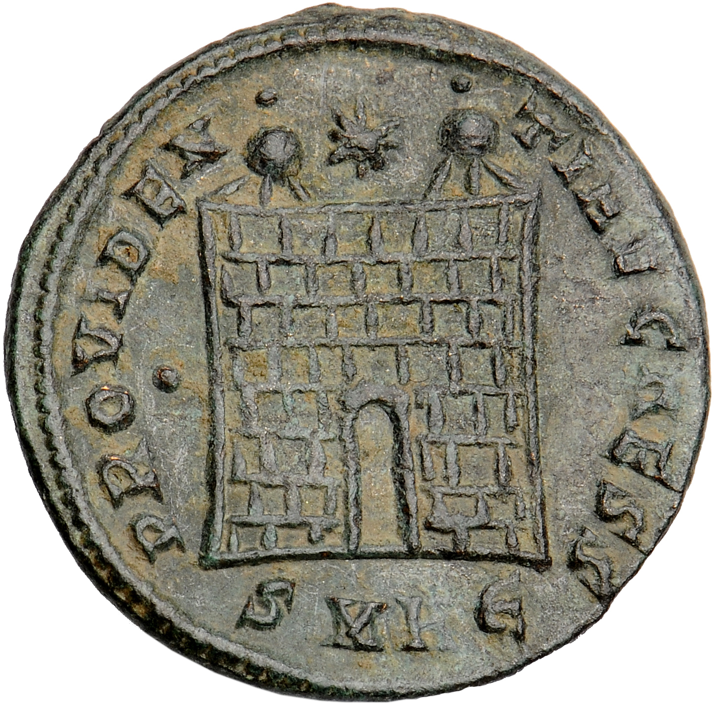 Constantine I reverse — Camp gate with two turrets, without doors, varying number of stone layers; star above